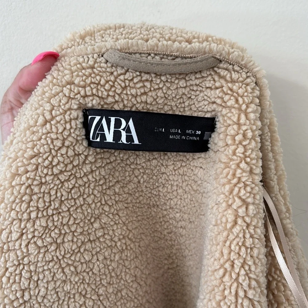 ZARA Contrasting Fleece Suede Long Coat Size Large - Picture 14 of 14